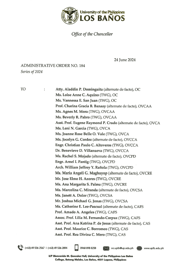 OC Administrative Order no. 184 Appointment as Members of the UPLB GAD Focal Point System (GFPS)